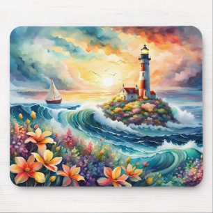 Lighthouse Sailboat Floral Beauty Watercolor Mouse Mat
