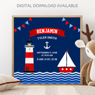 Lighthouse Sailboat Nautical Baby Boy Birth Stats Poster