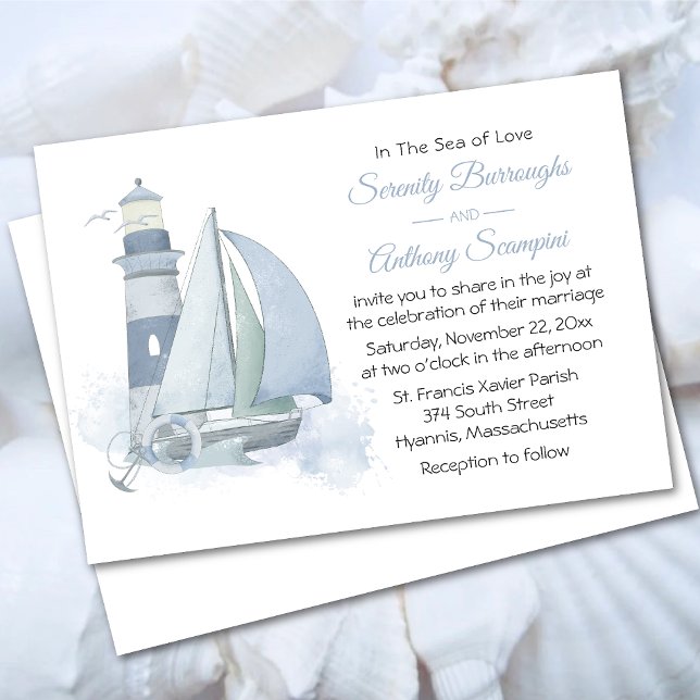Lighthouse Sailboat Watercolor Nautical Wedding Invitation (Creator Uploaded)