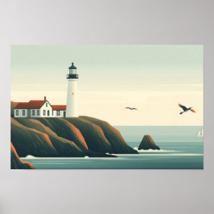 Lighthouse Seacoast Graphic Illustration Drawing Poster