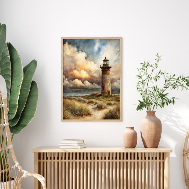 Lighthouse Seashore Coastal Watercolor Painting Poster (Lighthouse and stormy skies 16"x20" poster)