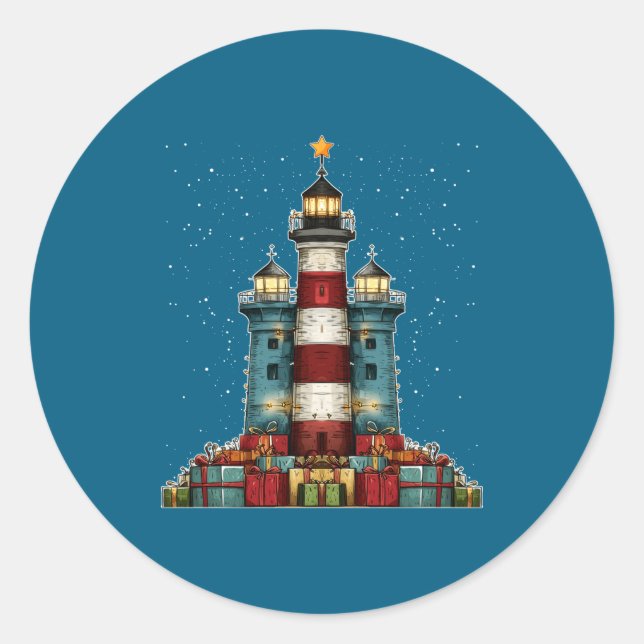 Lighthouse Seaside Christmas Tree Xmas Long Sleeve Classic Round Sticker (Front)