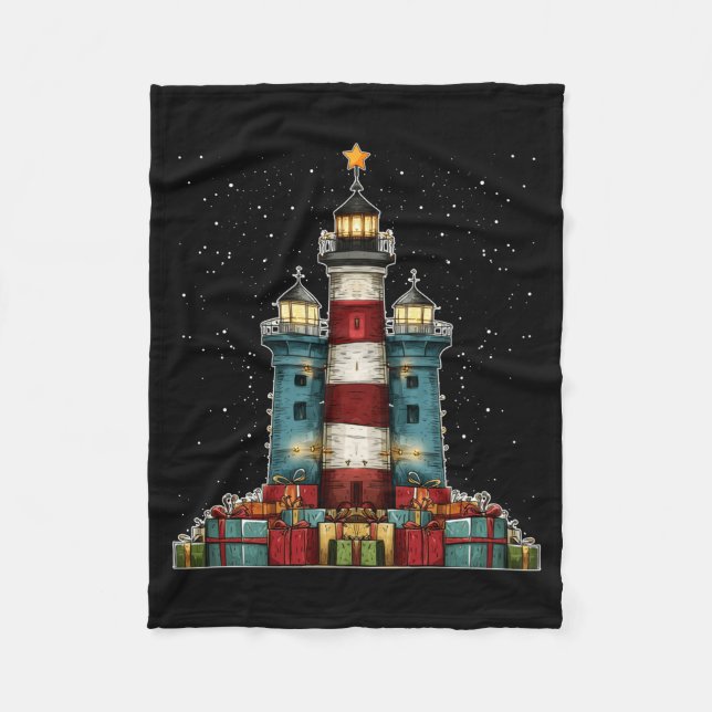 Lighthouse Seaside Christmas Tree Xmas Long Sleeve Fleece Blanket (Front)