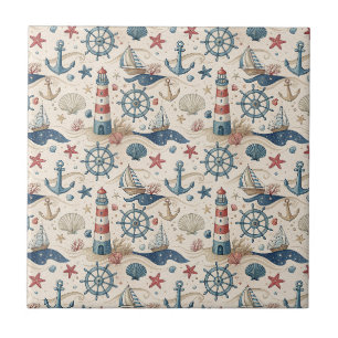 Lighthouse, Ship & Anchor Nautical Coastal Sea Art Tile