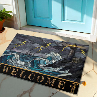 Lighthouse, Ship, Stormy Sea Mat, Vintage Art Doormat