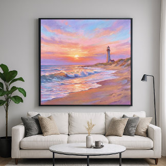 Lighthouse Shore Sunset - Pastel Painting Style Poster
