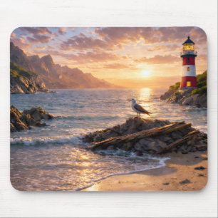 Lighthouse Sunset Seagull Beach Mouse Pad