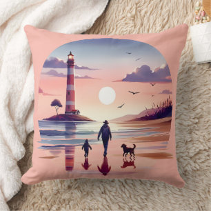 Lighthouse Sunset Walk Coastal Scene Cushion