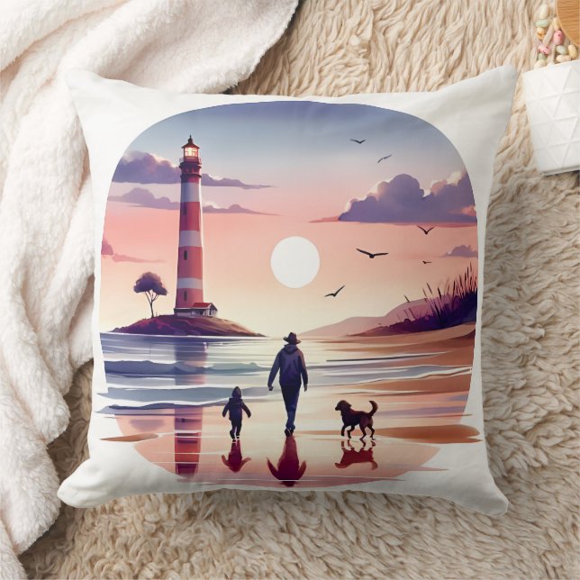 Lighthouse Sunset Walk Coastal Scene Cushion (Blanket)