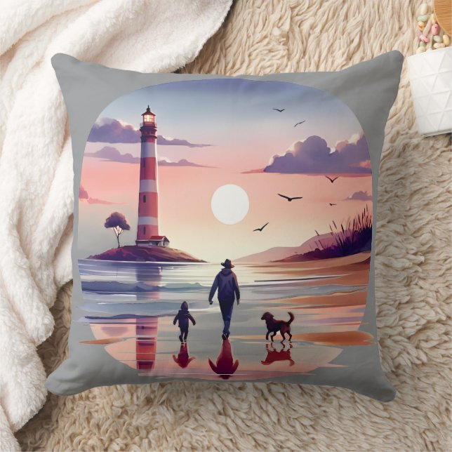 Lighthouse Sunset Walk Coastal Scene Cushion (Blanket)