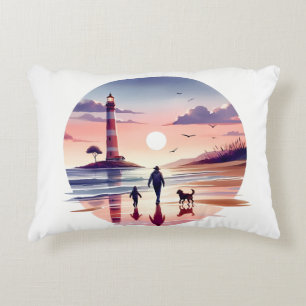 Lighthouse Sunset Walk Coastal Scene Decorative Cushion