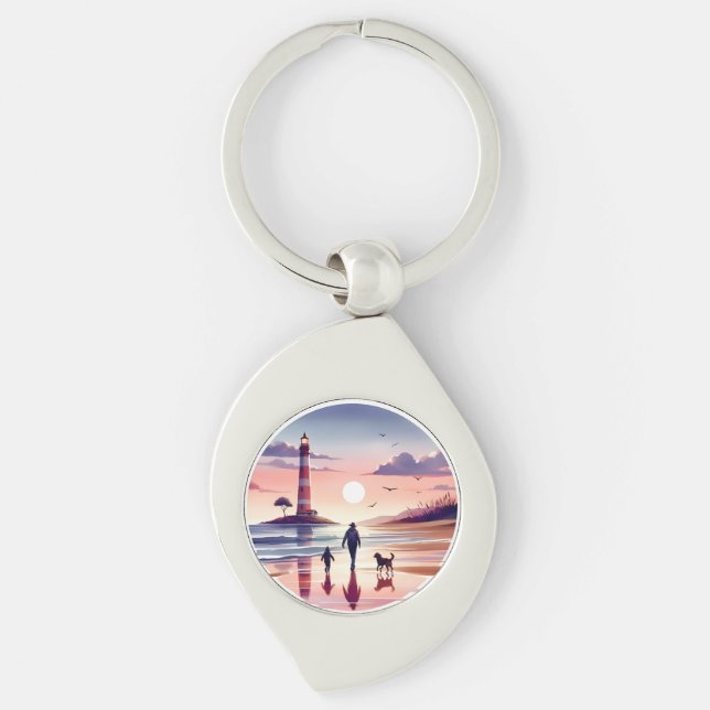 Lighthouse Sunset Walk Coastal Scene Key Ring (Front)