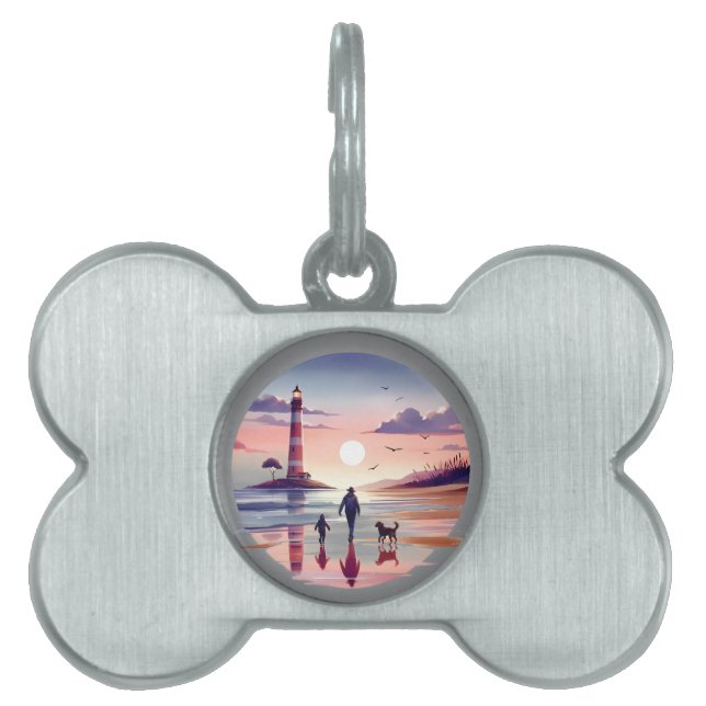 Lighthouse Sunset Walk Coastal Scene Pet ID Tag (Front)