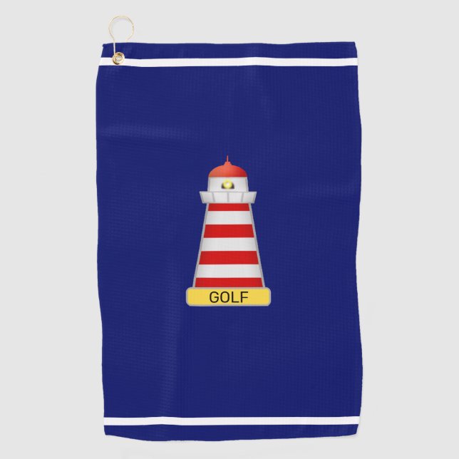 Lighthouse & Text on Navy Blue & White Stripes Golf Towel (Front)