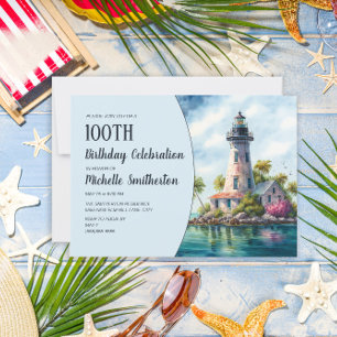 Lighthouse Tropical Beach Ocean Palm Trees 100th Invitation