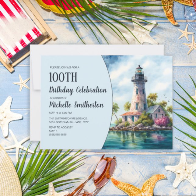 Lighthouse Tropical Beach Ocean Palm Trees 100th  Invitation (Creator Uploaded)