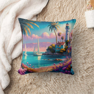 Lighthouse Tropical Island Palm Trees Boats Cushion