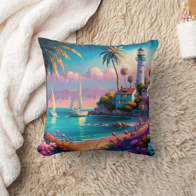 Lighthouse Tropical Island Palm Trees Boats Cushion (Blanket)