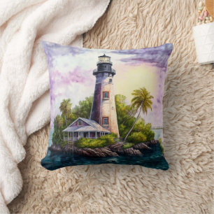 Lighthouse Tropical Island Palm Trees Cushion