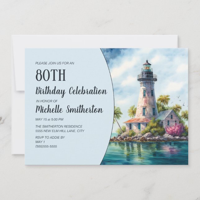 Lighthouse Tropical Palm Trees 80th Birthday Invitation (Front)