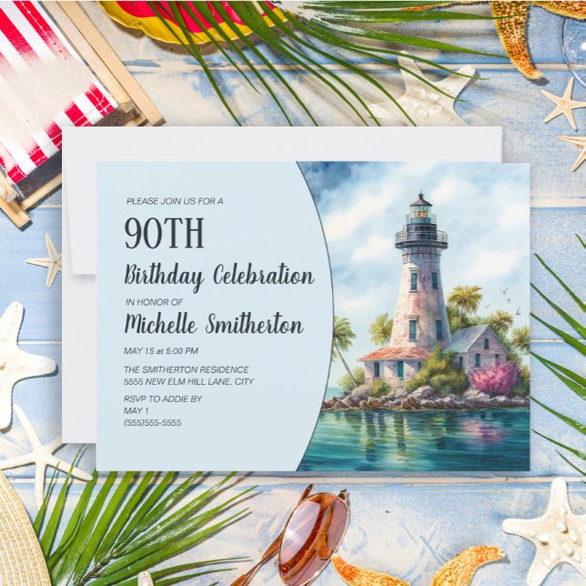 Lighthouse Tropical Palm Trees 90th Birthday Invitation (Creator Uploaded)