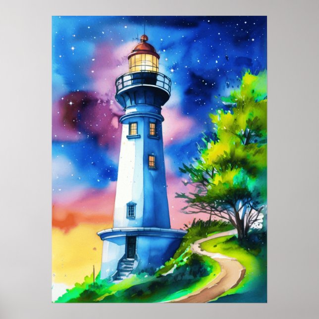 Lighthouse Under a Starry Sky Poster (Front)