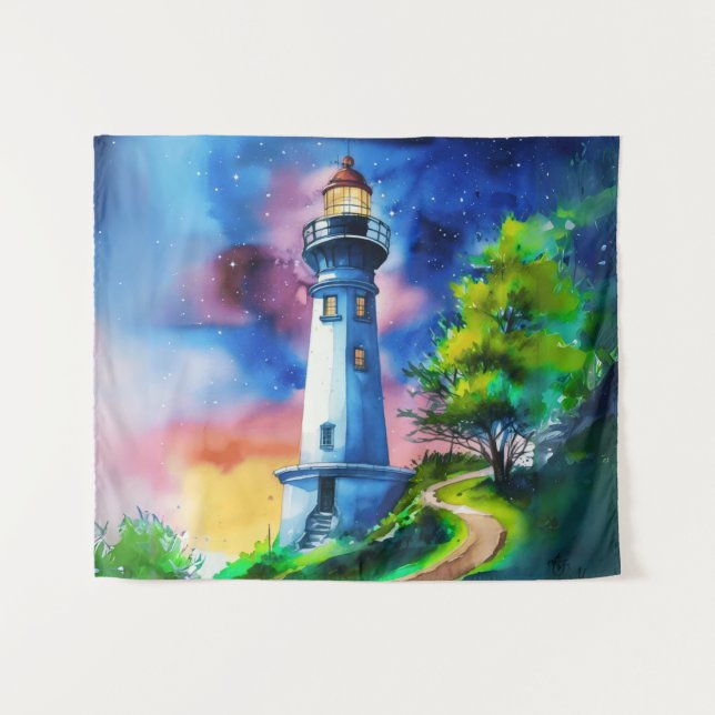 Lighthouse Under a Starry Sky Tapestry (Front (Horizontal))