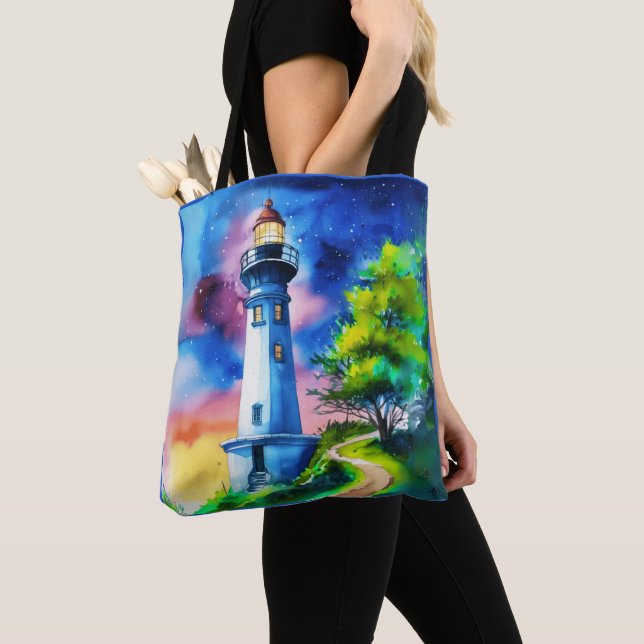 Lighthouse Under a Starry Sky Tote Bag (Close Up)