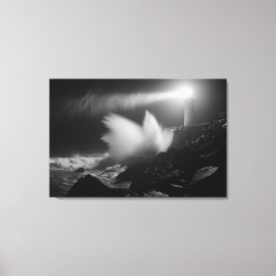 Lighthouse Vigil Over Stormy Seas Monochrome Art Canvas Print