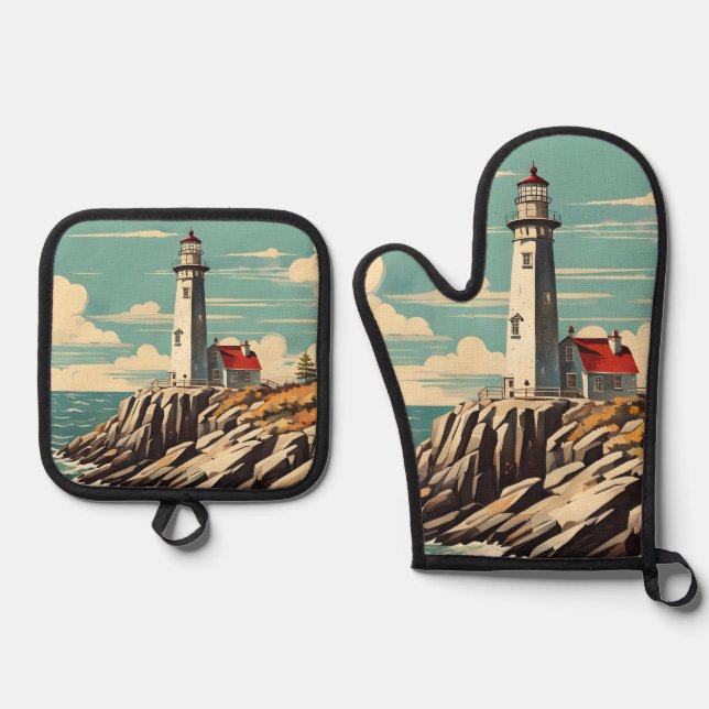 Lighthouse Vintage Poster Oven Mitt & Pot Holder Set (Front)