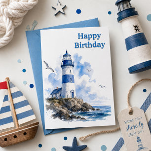 Lighthouse Watercolor Nautical Birthday Card