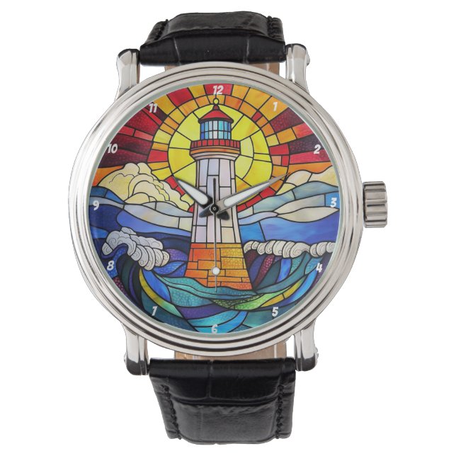 Lighthouse Waves Sunset Stained Glass Watch (Front)