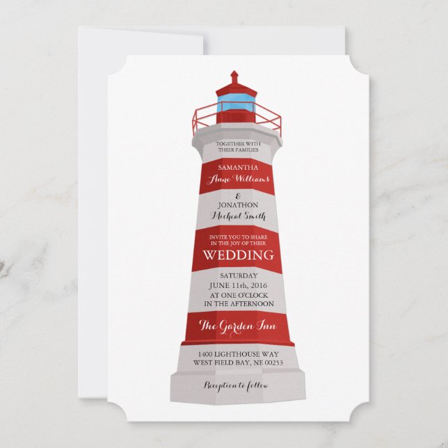 Lighthouse Wedding Invitation Red and White (Front)