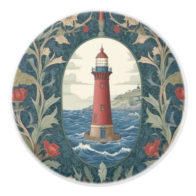 Lighthouse William Morris style ocean sea nautical Ceramic Knob (Front)