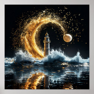 Lighthouse with a golden moon poster