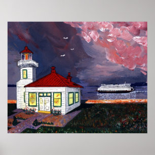 Lighthouse with Ferry Poster