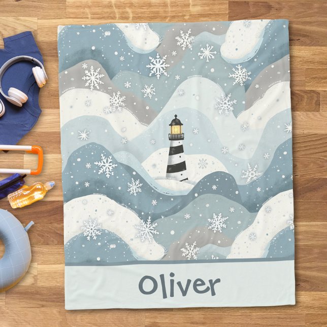 Lighthouse with Icy Waves & Snowflakes Nautical Fleece Blanket (Creator Uploaded)