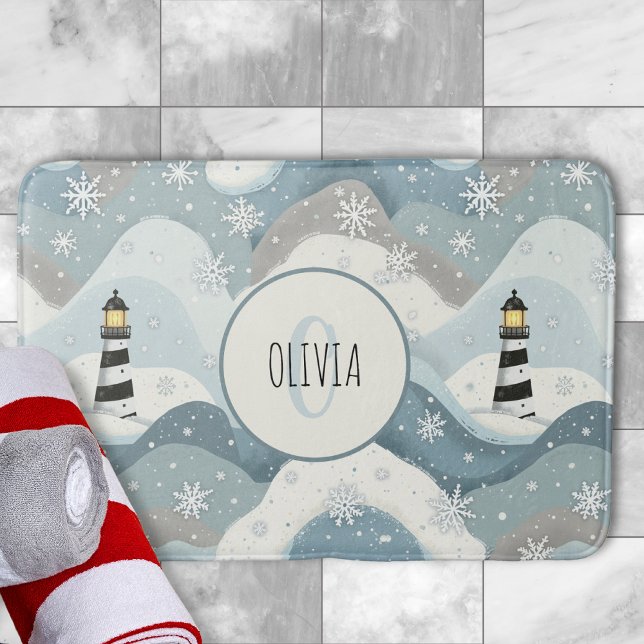 Lighthouse with Icy Waves Winter Nautical Monogram Bath Mat (Creator Uploaded)