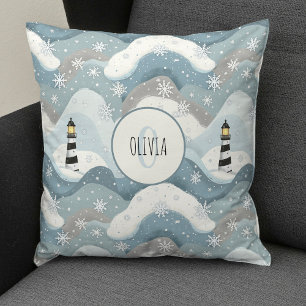 Lighthouse with Icy Waves Winter Nautical Monogram Cushion