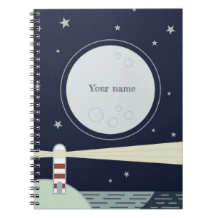 Lighthouse with moon and stars by the sea notebook