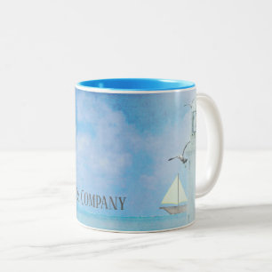 lighthouse with sailboat and gulls with name Two-Tone coffee mug