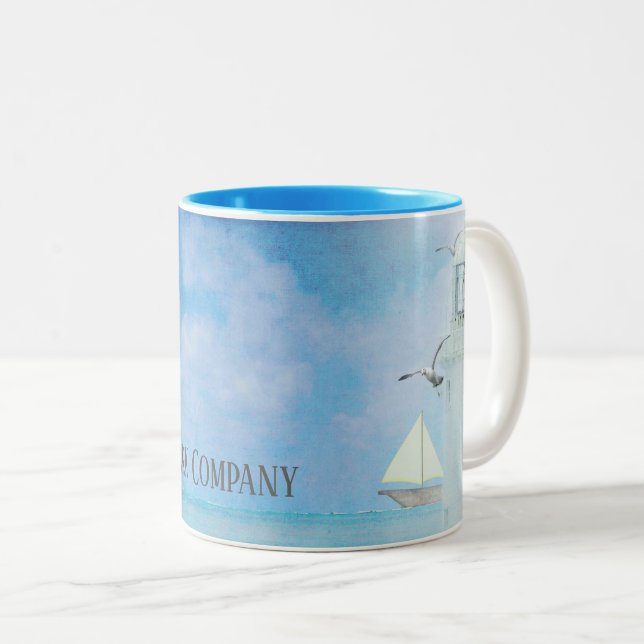 lighthouse with sailboat and gulls with name Two-Tone coffee mug (Front Right)