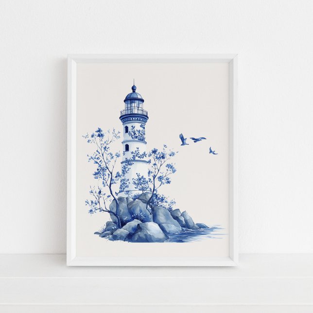Lighthouse with Seagulls – Coastal Blue on Beige Poster (Lighthouse with Seagulls – Coastal Blue on Beige Poster in a white frame on the floor)