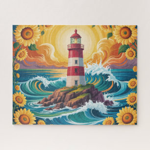 Lighthouse With Sunflowers Jigsaw Puzzle