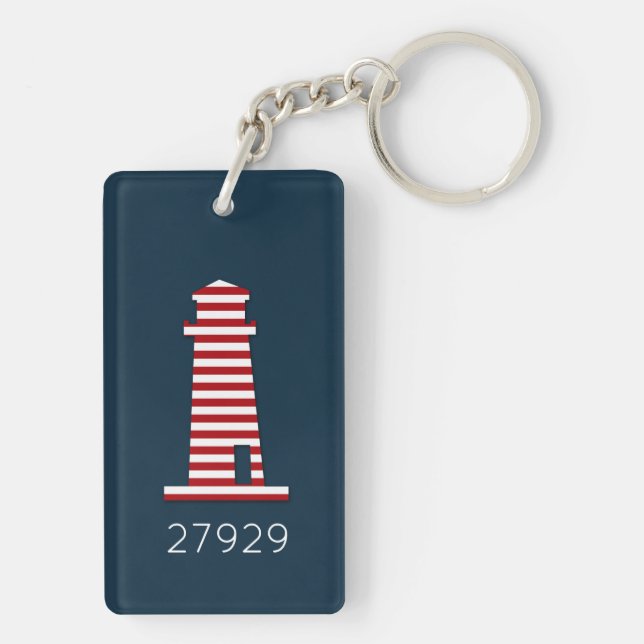 Lighthouse ZIP CODE Nautical Red White Blue Fun Key Ring (Back)