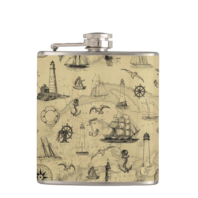 Lighthouses and Sailing Ships Nautical Vintage Hip Flask (Front)