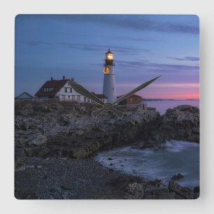 Lighthouses Cape Elizabeth Maine Lighthouse Square Wall Clock