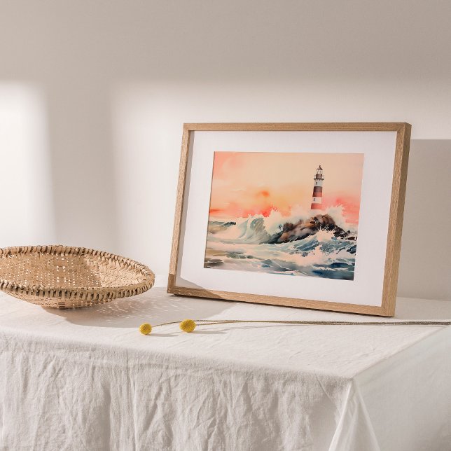 Lighthouse's Embrace: Coastal Watercolor Painting Poster (Surrender to coastal beauty with a captivating watercolor painting.)