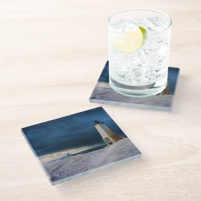 Lighthouses | Frankfort Lighthouse Lake Michigan Glass Coaster (Angled)