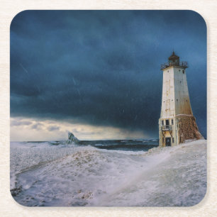 Lighthouses Frankfort Lighthouse Lake Michigan Square Paper Coaster